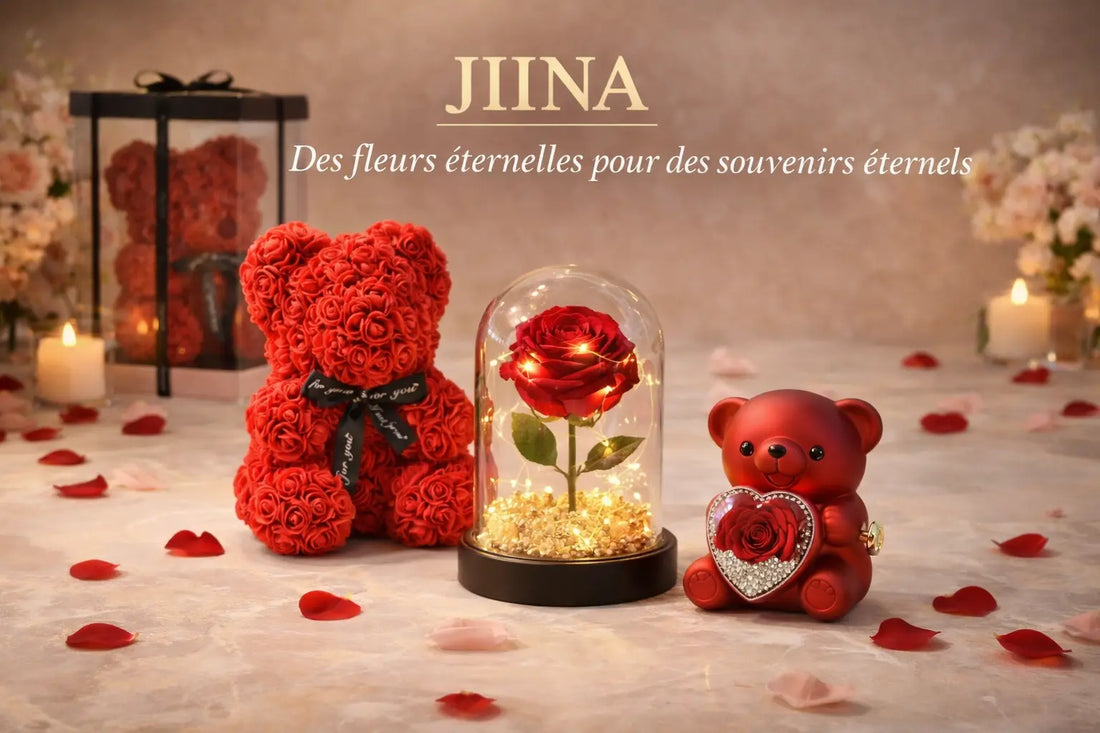 Rose éternelle rouge dans son écrin cadeau romantique et décoration élégante Jiina