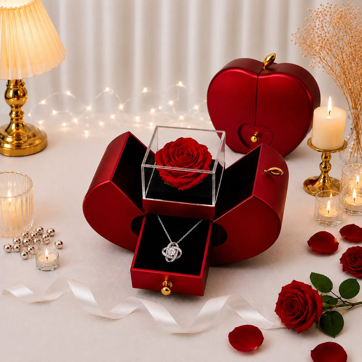 Coffret Coeur - Rose éternelle & collier Jiina