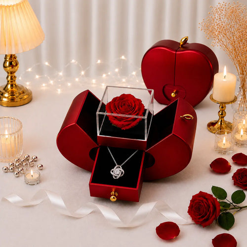 Coffret Coeur - Rose éternelle & collier Jiina
