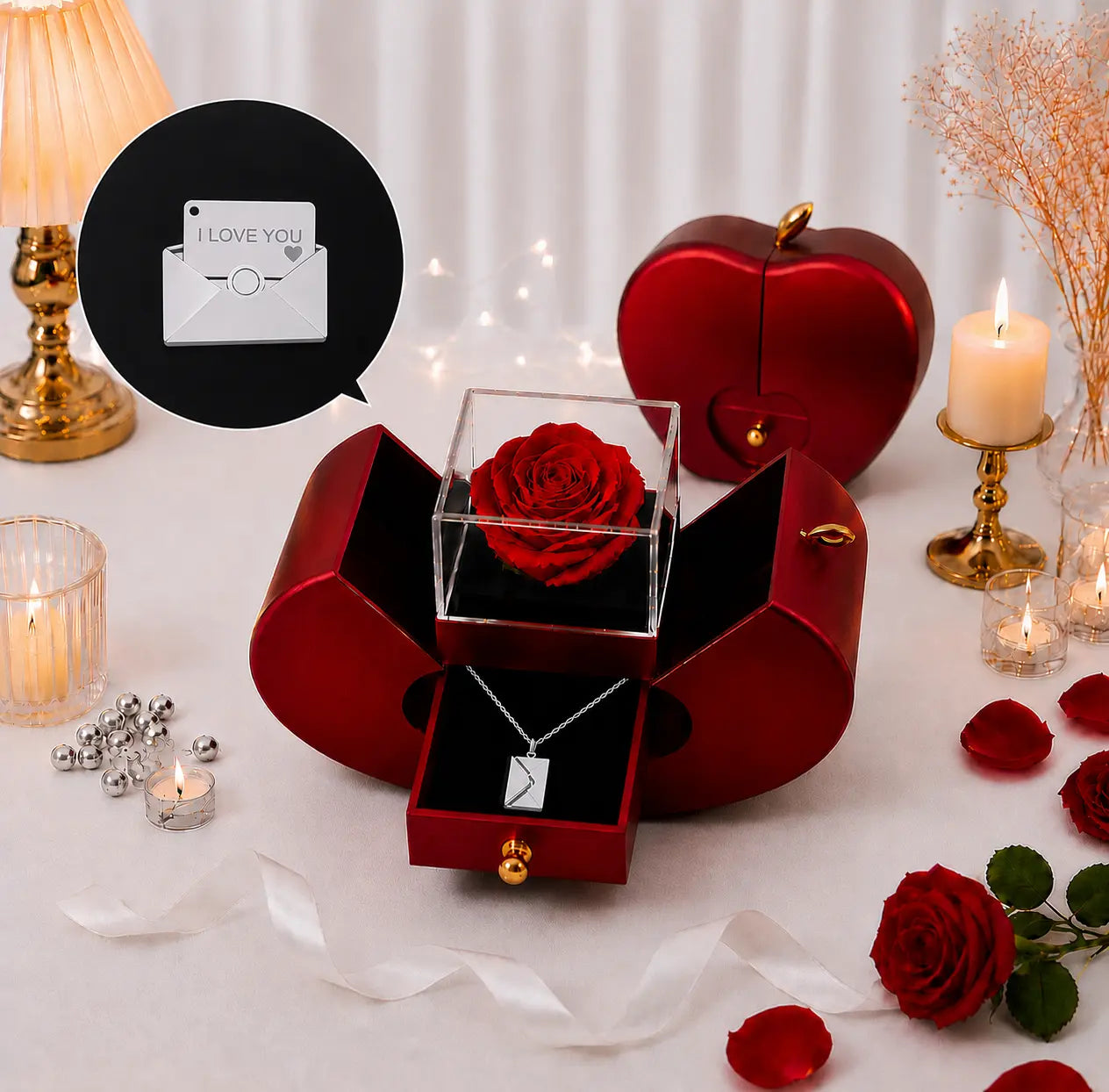 Coffret Coeur - Rose éternelle & collier Jiina